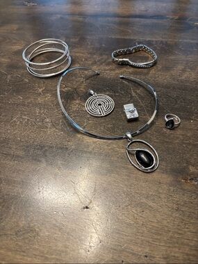 Lia Sophia Silver-Tone Necklace with Black Oval Stone Pendant and Set